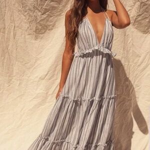 Lulu’s Vacay Babe Grey Striped Halter Maxi Dress